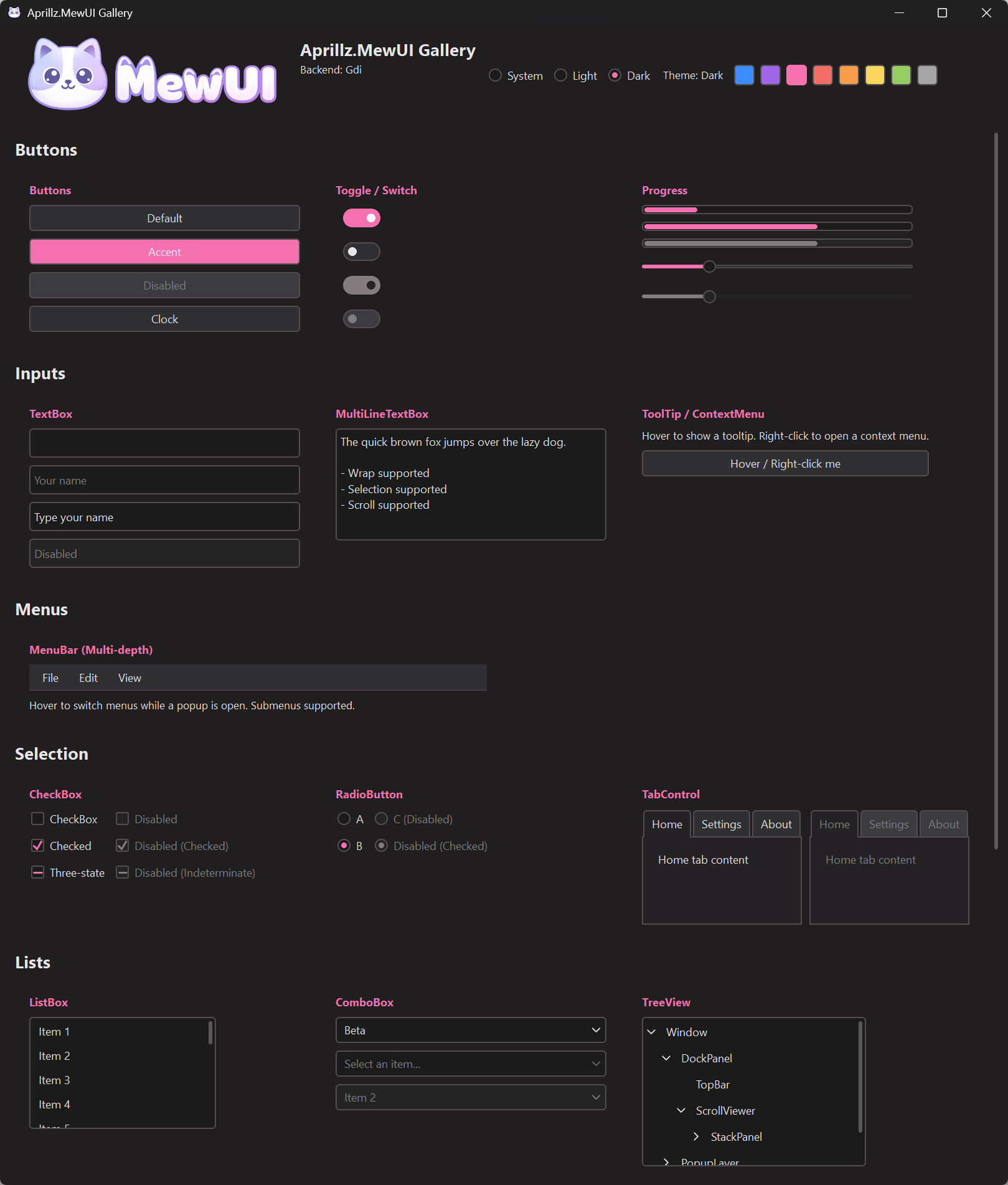 The same sample with the dark theme