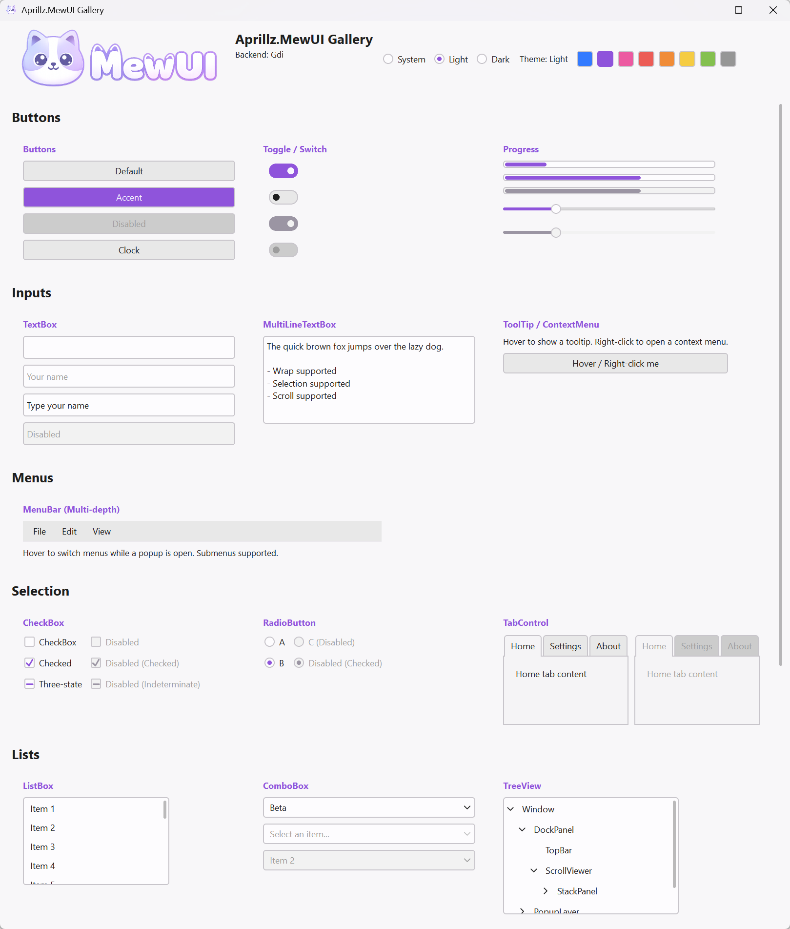 The MewUI Gallery sample with the light theme